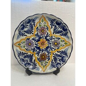 Hand Painted Talavera Plate Blue Yellow Floral‎ Scalloped Edge Mexican Art